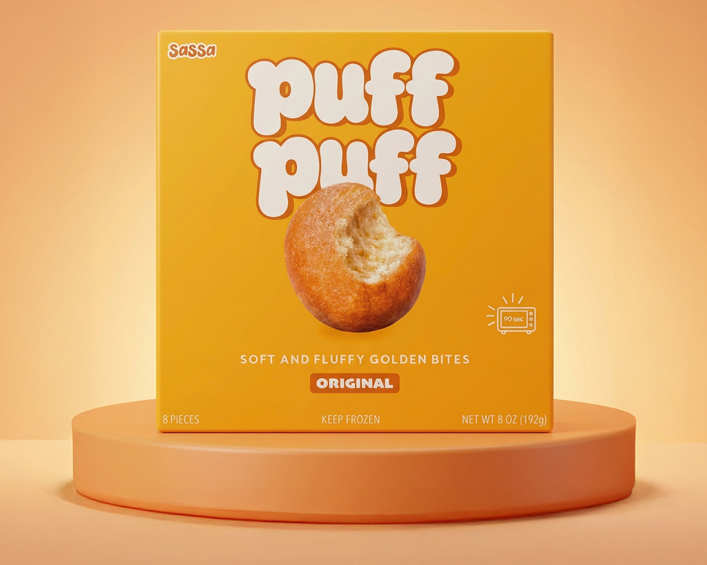 Box of 'Puff Puff' on a peach-colored platform with a peach background